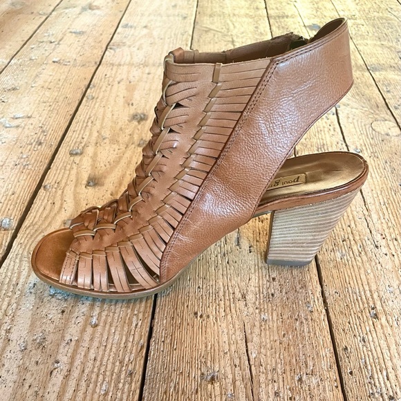 Paul Green Miranda Tan Leather Woven Peep Toe Booties Block Heel US 8 UK 5.5 - Picture 8 of 12